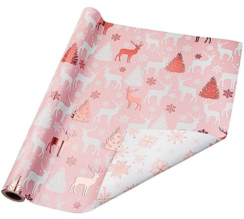 Holijolly Reversible Weihnachts-Geschenkpapierrolle - Rentier & Schneeflocke in Rosa - 43.2cm x 10m (46.45 sq.ft.)