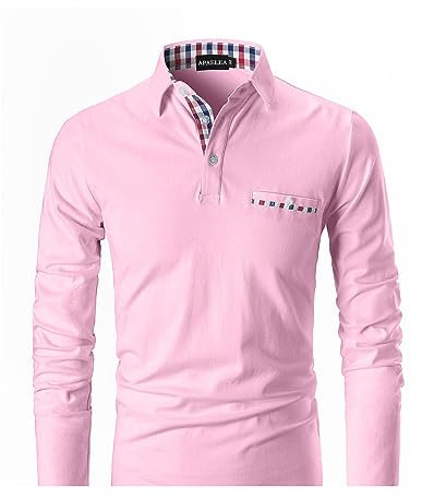 APAELEA Men's Long Sleeve Polo Shirt Casual Rugby Shirts with Plaid Down,Pink,XL