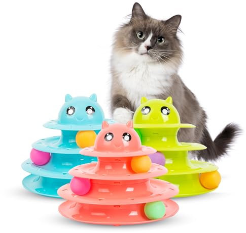 Albert Austin Interactive Cat Roller Toy for Indoor Cats Adult and Kitten Toy Smooth Round Edges Ball Toy Puzzle Exercise Funny Playful 3 Level Kitten Toy with 3 Colourful Balls Any Random Colour