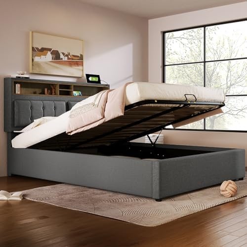 FEZTOY Polsterbett 160x200, Hydraulische Doppelbett mit USB C Steckdose, verstellbar Kopfteil, Rückenlehne Bett mit Stauraum und Lattenrost, Stauraumbett Jugendbett (Grau-onhe Matratze, 160x200)
