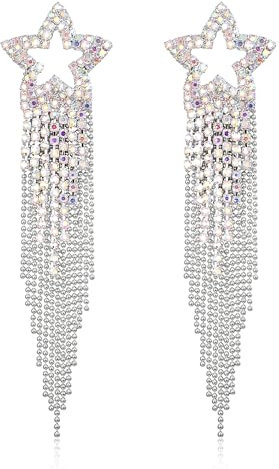 EVER FAITH Boucles d'oreilles à pampilles strass étoile cristal scintillant franges gouttes pendantes lustre boucles d'oreilles clair ton argent, Cristal