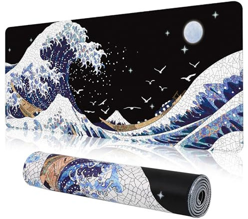 MEWOOCUE Gaming Laptop Mouse Pad,Blue Sea Wave Big Mice Pads PC Keyboard Waterproof and Non-Slip 31.5 x 11.8inches 3mm Thick XL,XXL Rubber Table Mat, Kanagawa Surfing and Black Japanese Mouse Pads
