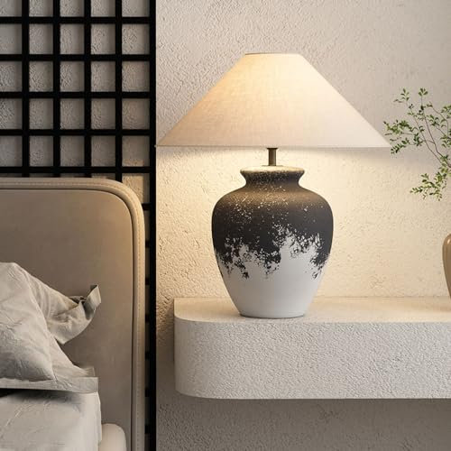 WLBHWL Rustic Southwestern Jug Table Lamp 21'' Tall White ＆ Black Clay Pot Ceramic Table Lamp Tapered Fabric Shade Bedside Nightstand for Living Room Bedroom House Office Entryway