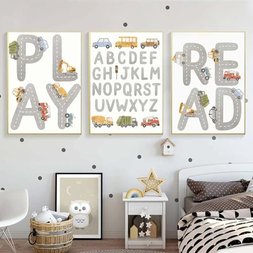 Recrtain Leinwandgemälde für Kinderzimmer, Cartoon-Auto-Alphabet, zum Lesen, Spielen, Wandkunstposter, Dekoration, grauer Alphabet-Druck, Kinderzimmer, Wandbilder, Jungenzimmer-Dekor, 3er-Set, 30,5 x
