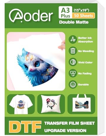 Aoder Premium DTF Transferfolie, 33 x 48,3 cm, A3 Plus, 50 Blatt, doppelseitig, matte DTF-Folie, klares PreTreat PET-Transferpapier für T-Shirts, Textil, Kaltabziehfolie, A3+, DTF-Transferfolie für