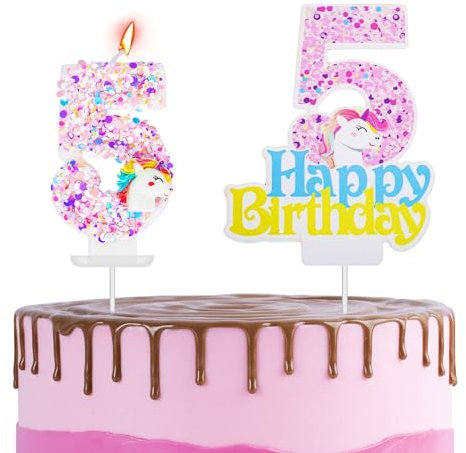 Unicorn 5th Birthday Cake Topper with Number Candle & 5 Unicorn Candles - Cake Decorations for Girls & Boys