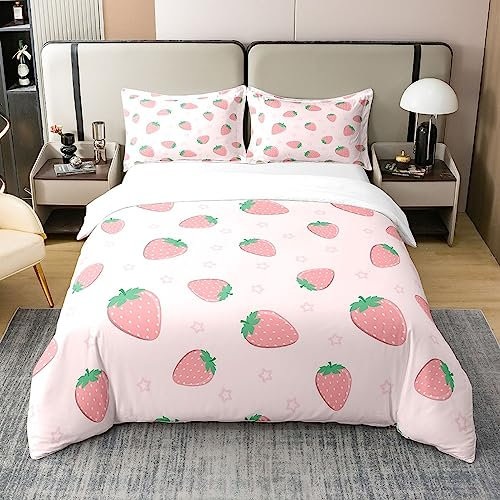 Loussiesd Erdbeere Drucken 100% Baumwolle Bettwäsche Set 135x200cm Kinder Girls Kawaii Rosa Erdbeer Bettbezug Set Nette Obst Betten Set für Mädchen Zimmer Dekor Leichte Bettwäsche