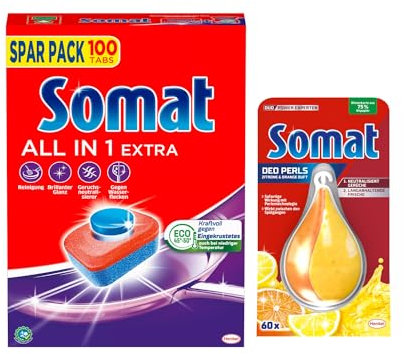 SOMAT Tabs 100 AW all in 1 Extra, Geschirrspül Tabs für strahlende Sauberkeit, bekämpft eingetrocknete Rückstände + Somat Duo Power Experten Deo Perls 60 AW Zitrone & Orange Duft 17g