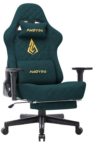 Andyou Gaming Stuhl Racing Gamer Sessel, Ergonomischer Gaming Chair Bürostuhl mit Verstellbare Lendenkissen, Fußstütze, Kopfkissen und 3D Armlehnen, Vintage-PU-Leder 90-150°, Grün