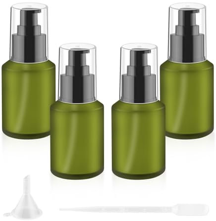 4 Pcs 60ml/2oz Green Frosted Glass Bottles Refillable Pump Dispenser Jar Empty Lotion Vials with Pump for Travel Body Wash Liquid Foundation Cosmetic Samples