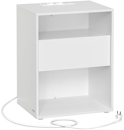 VASAGLE Nachttisch, Beistelltisch mit Ladefunktion, Superschnelle werkzeuglose Montage, Nachtschrank mit Schublade, modern, Schlafzimmer, Wohnzimmer, Toolless-Technologie, mattweiß LET777W04