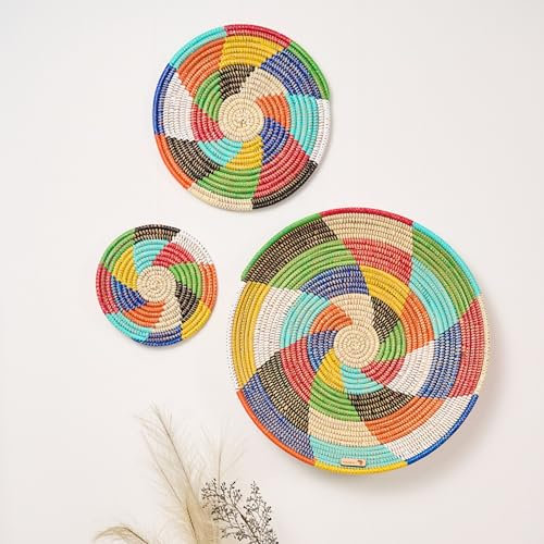YAADU Wanddekoration 3teilig – Handgemachter Wandschmuck, Afrikanische Wanddeko, Dekoration, Boho Deko Haus, Wandbild, Modell Dalia (Bunt, 3teilig)