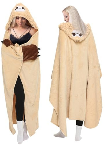 POFIBO Faultier Decke mit Kapuze, Tragbare Decke zum Anziehen Kuscheldecke Flauschig Süße Hoodie Blanket mit Ärmeln Personalisiert Warme Sofadecke Faultierdecke Weihnachten Geschenke für Frauen Damen