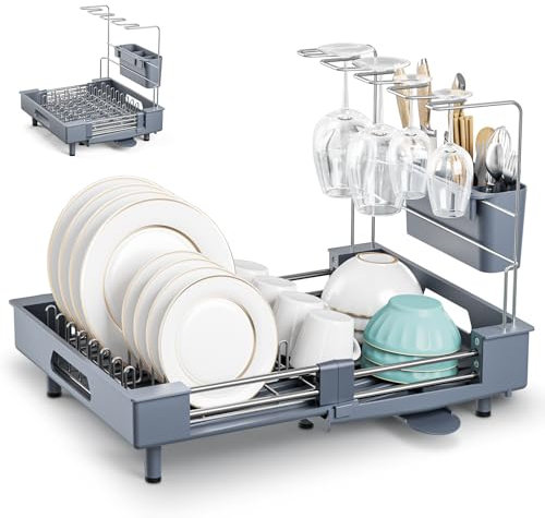 Ixdregan Expandable Drying Rack, Foldable Stainless Steel Dish Drainer with Removable Cutlery Holder, Scratch-Resistant Plate Frame with Removable Wine Glass Holder, Swivel Spout (Grey)