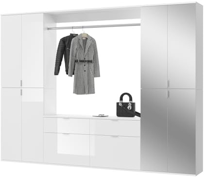 Inn.Furn Garderobe mit Spiegel weiß Hochglanz Flurmöbel Garderobenmöbel Set großer Schuhschrank Breite 243 cm SystemX (Set 1)