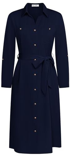 GRACE KARIN Trendy Bluse Hemdkleid Für Damen Frühherbst Gerades Drapiertes Kleid mit Gürtel Marineblau 2XL