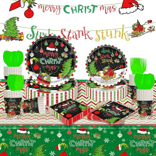 Christmas Party Tableware Set, Christmas Paper Plates and Napkins Banners Table Cloth for Christmas Party Supplies Xmas Table Decor Decorations (Serves 20)