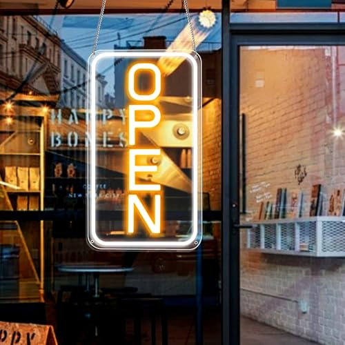 LightingWill Cartello Open Neon da 5 V USB Open Shield LED con On/Off, Open Light Up Sign per Bar, Salon, Store, Cafe, Shop, Club, Giallo/Bianco, Verticale