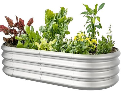 IDEA FAMILY 4x2x1ft Oval Galvanized Raised Garden Bed Outdoor 9-in-1 Large Metal Modular Planter Box Raised Beds for Gardening,Vegetables,Fruits,Flowers & Herbs (Silver)