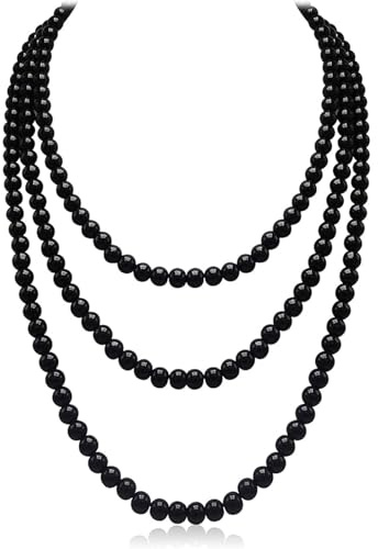 KARELLS Perlenkette Schwarz 150 cm,1920s Gatsby Kostüm Accessoires Lange Perle Halskette,Dame Schwarz elegante künstliche Perlen-Halsketten,lange Strickjacke-Perlen-Ketten-Halskette