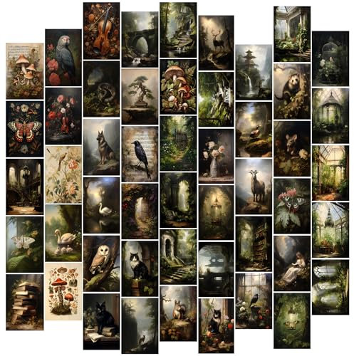 TWNSLLA Dark Cottagecore Dekor, Cottagecore Wanddekoration, dunkle Akademie, ästhetische Bilder, stimmungsvolle Waldpilz-Wandkunst, Grunge-Wandcollage-Set, Vintage-Naturposter, Tierbilder für