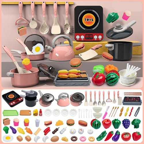 AQXONG 76 Pcs Accesorios de Juguetes de Cocina para Niños, Juguetes de Cocina con Ollas y Sartenes, Juego de Roles de Chef Infantil para Niños y Niñas de 3 4 5 6 7 8 Años