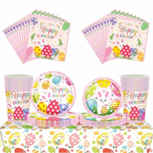 69Pcs Easter Party Tableware Set Eas-ter Egg Hunt Cartoon Decorations Table Cloth,7inch 9inch Paper Plates,Paper Napkins for Easter Theme Table Party Favor- Spring Decorations