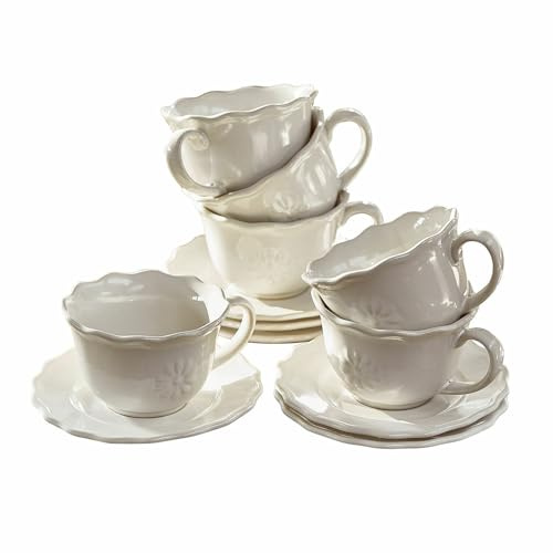 LOBERON Tasse mit Unterteller 6er Set Mallevesse ,  weiß | stilvolles Interieur, Zarte Blumenprägung, Set aus Tassen und Untertassen, Ideal für Kaffee und Tee