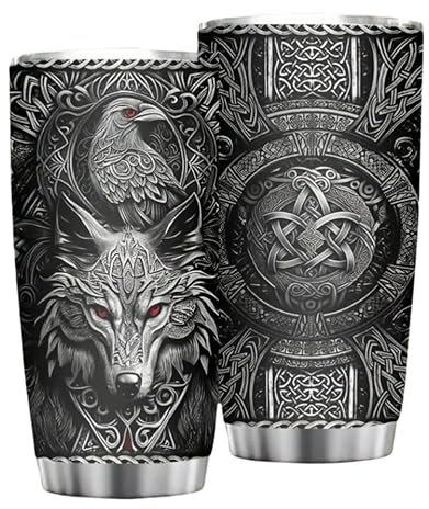 Venicce Love Wikinger Becher, Edelstahl Kaffeebecher to go, Wikinger Geschenke für Männer, Geschenke zum Vatertag, Thermobecher, Kaffeetasse Wolf, nordischer Kaffeebecher 600ML