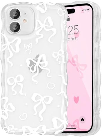 UEEBAI Bow Case for iPhone 11, Wavy Cute Ribbon Pretty Aesthetic Case Curly Stylish Soft Wave Clear Phone Shockproof Protective Pretty Cover for Women Girl - White