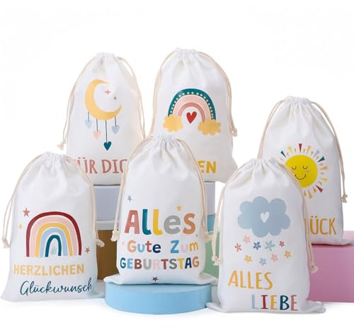 woric 6 Stück Stoffbeutel Klein, 20x30 cm Geschenksäckchen Baumwollbeutel mit Kordelzug Geschenkbeutel Geburtstag Regenbogen Geschenk zur Geburt Hochzeit Taufe Baby Shower Party (6 Designs)