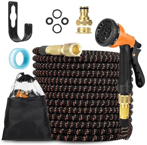 LINGKY Flexibler Gartenschlauch 7,5m mit 8-Funktionen Schlauchdüse, dehnbarer flexiSchlauch, Vollmessing Adapter 1/2' 3/4' Zoll und Wandhalterung, für den Außenbereich, Orange