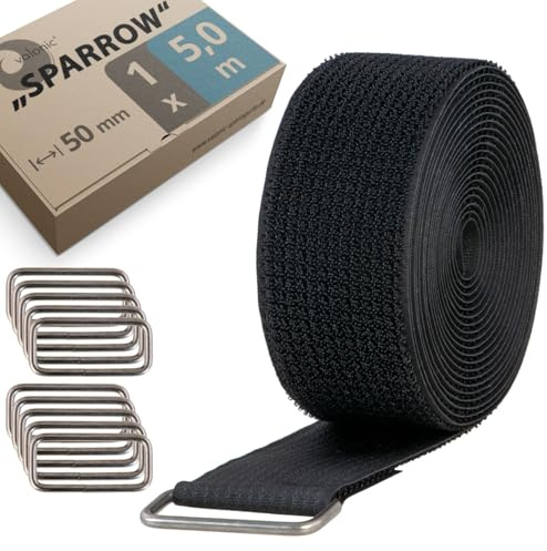 valonic SPARROW - starkes Klettband, 5m, 50mm, inkl. 10 Metallringe, schwarz, Klettbinder für Kabelordnung,