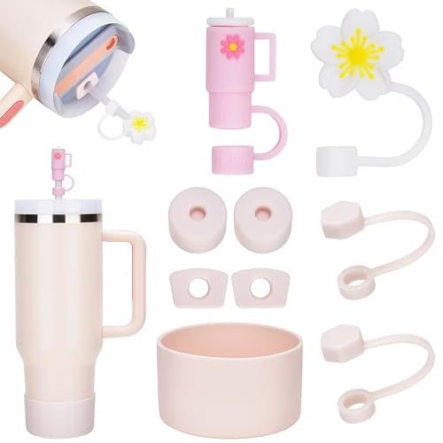 DealKits 9 Stück Strohhalm Zubehör für Stanley Cup, Silikonhülle Zubehörset, enthält 6 auslaufsichere Silikonstopfen, 2 Strohdeckel, 1 Bodenschutz für Stanley Cup 1,2 l- und 850 ml-Becher(Rose Quartz)