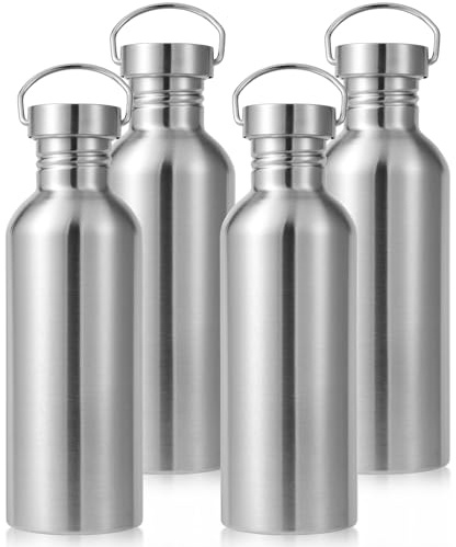 Volhoply 1000ml Uninsulated Single Walled Water Bottle 4 Pack, Stainless Steel Reusable Water Bottles with Handle, BPA Free & Plastic Free 18/8 304 Metal Water Bottles for Camping, Hikers, Cyclists