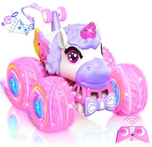 Ferngesteuertes Auto für Mädchen ab 3 Jahre – Einhorn Geschenke für Mädchen | 360° Drehbares 4WD 2.4 GHz RC Stunt Auto Spielzeug mit Licht und Musik, Einhorn Geburtstagsgeschenk für 3 4 5 6 7 8 Jahre