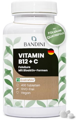Bandini® Vitamin B12 Folsäure + Vit C | 400 vegane Tabletten | 1 Tablette/1 Jahresvorrat | Mit bioaktiver Form Methylcobalamin und Quatrefolic® | 500µg B12 + 200µg Folsäure + 80mg Vitamin C | Vegan