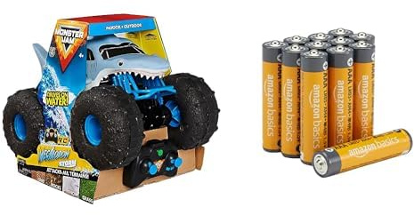 Monster Jam Megalodon Storm RC Amphibienfahrzeug, 1:15, 4+ Jahre, & AAA Alkaline-Batterien Amazon Basics 12 Stück, 10 Jahre