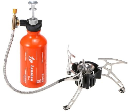 Réchaud de camping multi-combustibles de 500 ml pour diesel, kérosène et gaz liquide – Réchaud d'extérieur compact pliable avec bouteille de carburant de 500 ml, pieds antidérapants et couvercle
