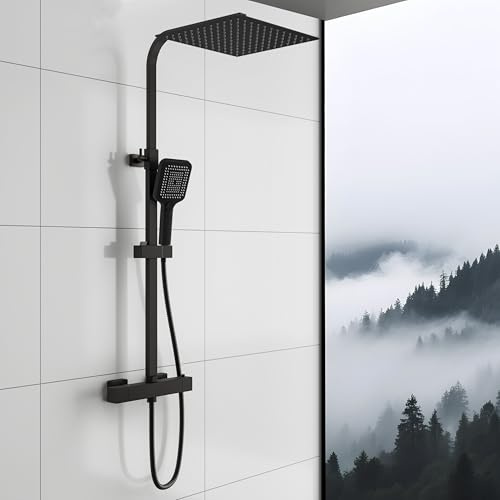 Sky Bathroom Thermostatic Bar Shower Mixer Set with 12 Rainfall & 3-Mode Handheld – Wall Mounted Shower System with Sliding Riser Rail – Matte Black