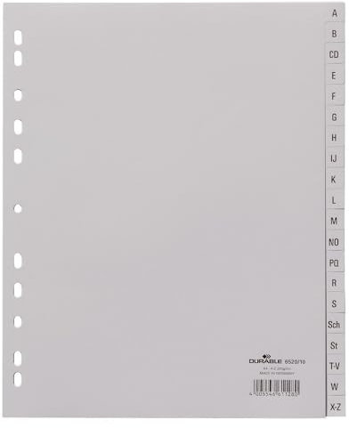 Durable Register mit geprägten Taben A-Z, 20-teilig, Universallochung, überbreit, 20 Stück, grau, 652010