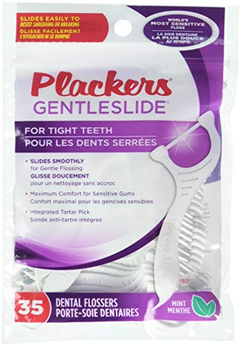 Plackers Gentleslide for Tight Teeth Cool Mint Flavor with Tarter Pick 35 Dental Flossers for Clean Teeth and Healthy Gums (1 Each) by Plackers