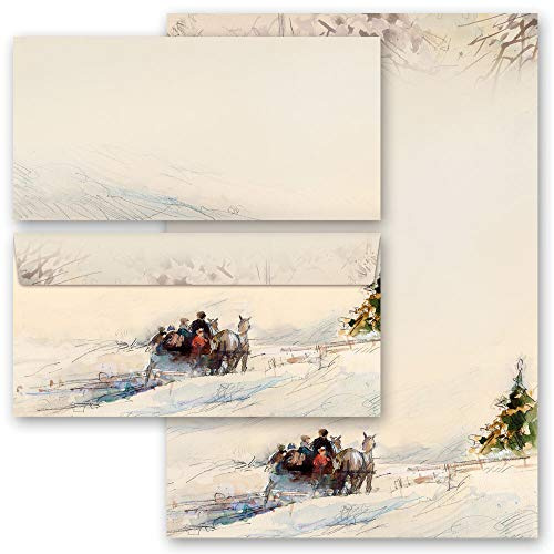 Briefpapier Set, 40 tlg. Wintermotiv, KUTSCHE IM WALD Variante B Jahreszeiten - Winter 20 Blatt Briefpapier + 20 passende Briefumschläge DIN LANG ohne Fenster | Paper-Media