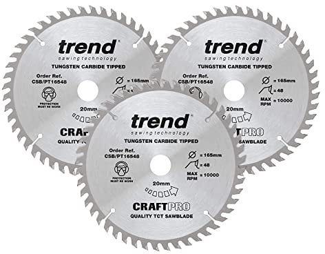 Trend Laminat & HPL Kreissägeblatts, 3er-Pack, 165mm Durchmesser, 20mm Bohrung, 48 Zähne, HW, 2,2mm Schnittbreite, +4° Haken, CSB/PT165/3PK