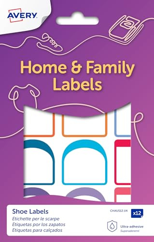 Avery Stick-On Shoe Labels for Kids & Adults, Durable Name Labels for Shoes, 24 Pack – 2 Sizes (30x30mm & 15x30mm), White with Bold Colour Edges, Waterproof & Easy to Apply (CHAUS12.UK)