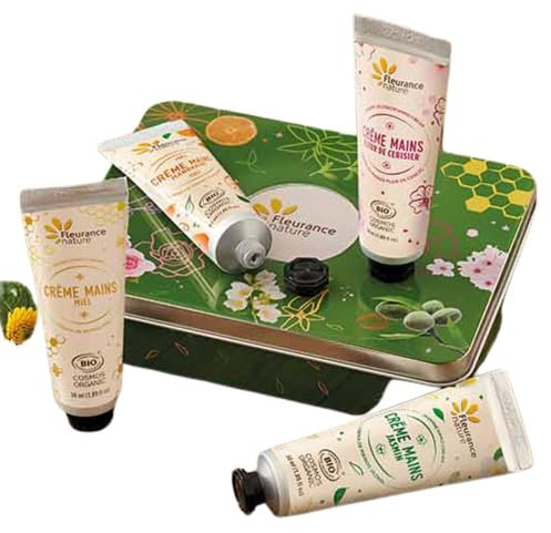 Fleurance Nature- Coffret de crème mains Éveil des sens 4 unités de 30ml- cosmétique certfié bio Cosmos Ecocert jasmin fleur de cerisier mandarine miel soin des main bio- coffret cadeau femme 24611