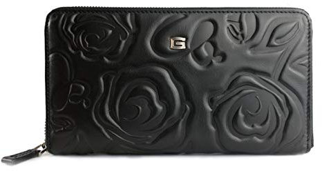 Giudi ® Geldbörse Damen Blumenprägung Schwarz Groß Echtleder Mit Vielen Fächern Schwarz