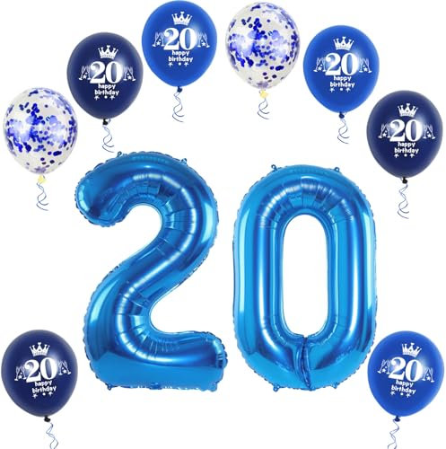 XL Folienballon 20 Geburtstag, Folienballon Zahl 20, Zahl 20 Blau, Luftballons 20, Nummer 20 Luftballon Blau, 32 Geburtstagsdeko Ballon 20