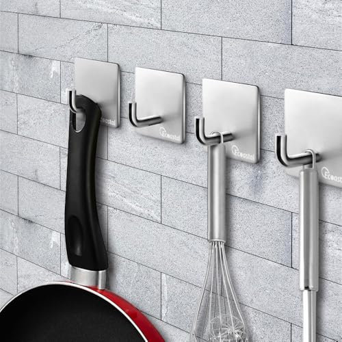 Ecoastal Self Adhesive Hooks for Hanging Kitchen Bathroom Tower Hooks Pot Holder Pan Hanger Coat Hanger 304 Stainless Steel Heavy Duty 11 lb 5KG Waterproof Wall Door Hooks 4 Pack