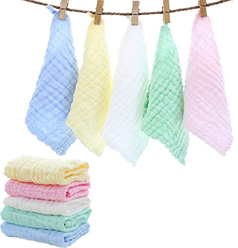 YUEMING 5 Pcs Bébé en Mousseline Gants de Toilette,Serviette Visage Bébé, Coton de Mousseline Carrés Doux,Lingettes Réutilisables en Coton Biologique Naturel,Grand Cadeau de Douche